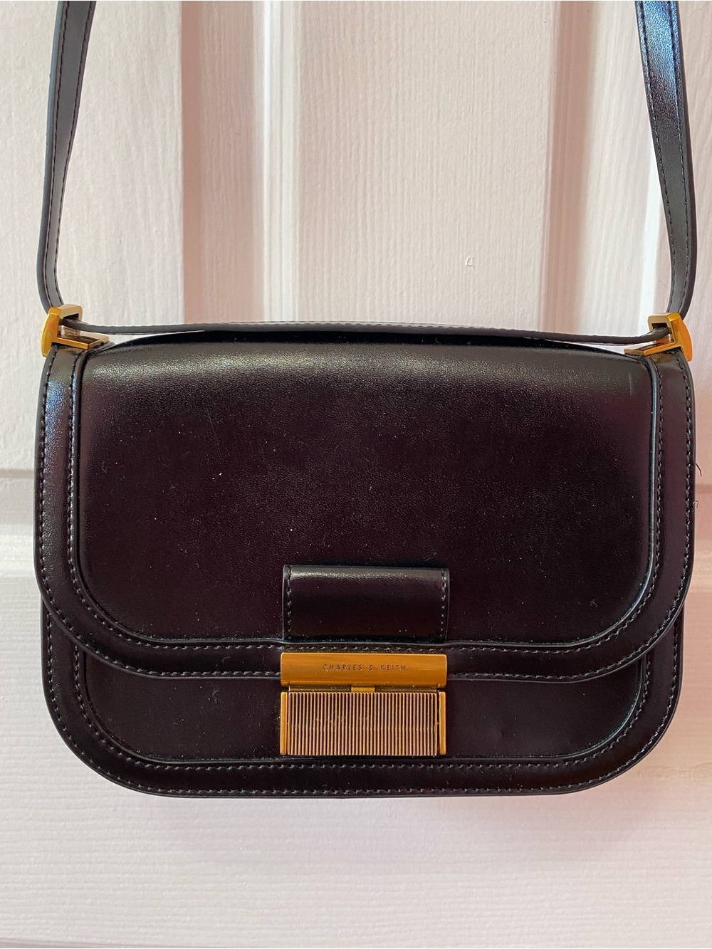 Charles & Keith Black Leather Crossbody Bag with Gold Hardware